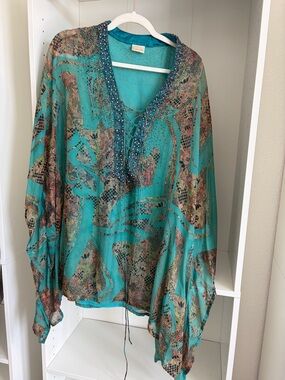 Camilla vintage kaftan short dress turquoise hand beaded